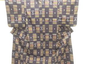 アンティーク　木綿本場久留米絣　格子に抽象模様単衣着物